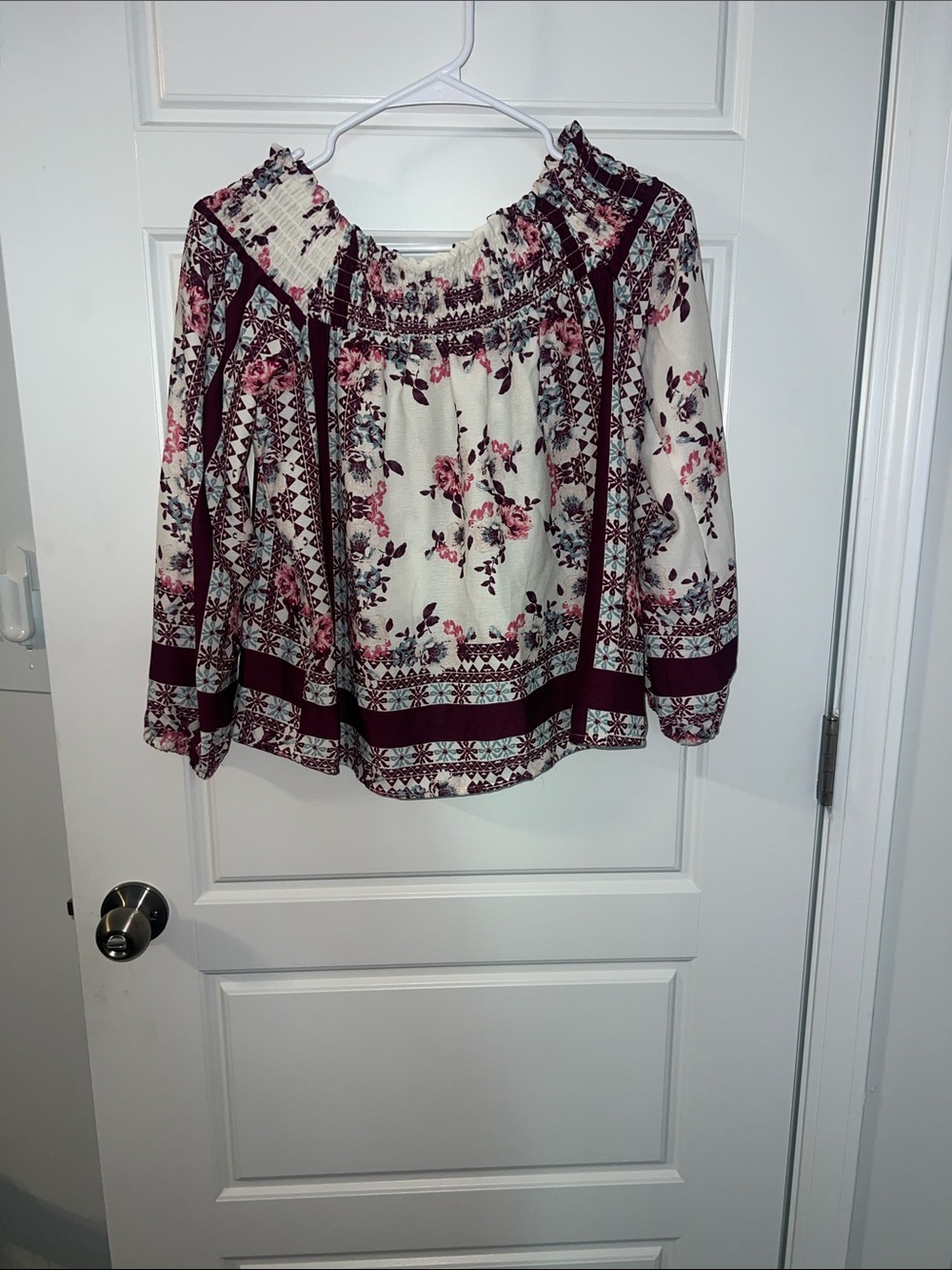About A Girl Floral Off-Shoulder Blouse in Cream and Burgundy